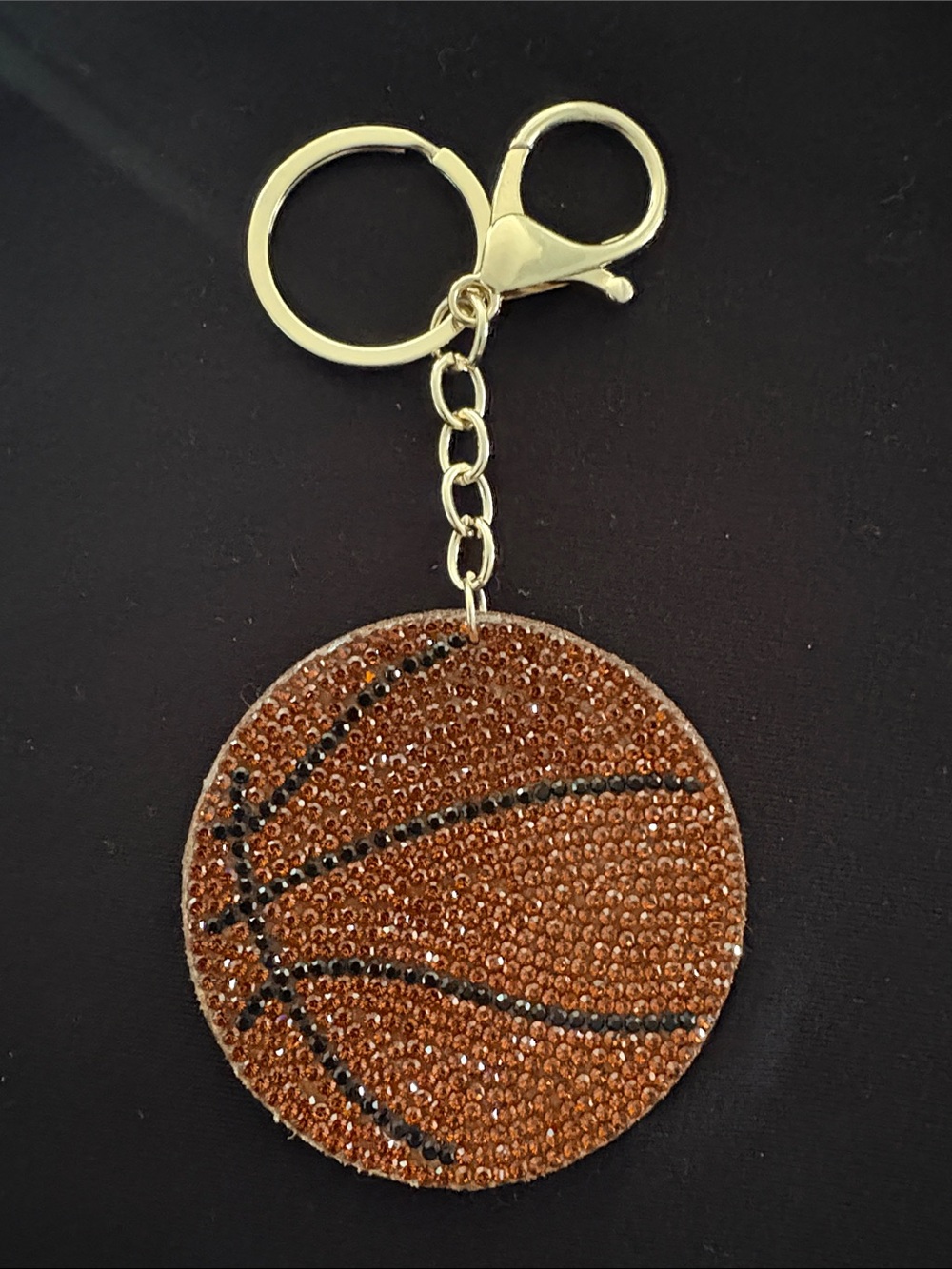 Rhinestone Basketball Bag Charm Keychain - Brown Crystal Accent